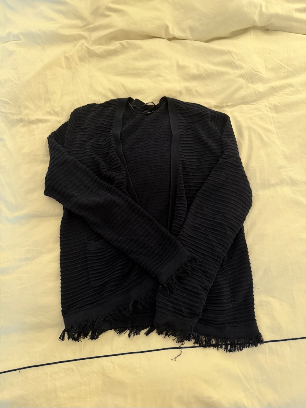 Verve Ami Navy Ribbed Open-Front Cardigan with Fringe